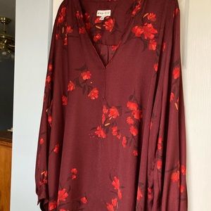 V-neck long sleeve blouse. Maroon with orange & black flowers